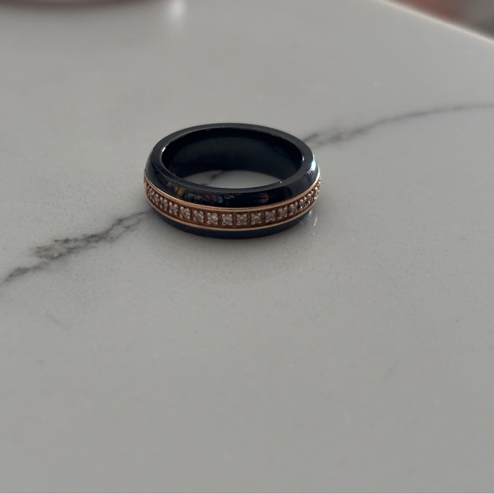 Black Ceramic Ring with Rose Gold Crystal Band